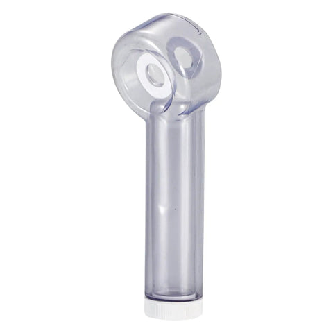 Hole Saw Drill Dust Catcher Attachment With Clear Viewing Window Caps Airborne Debris At The Source So You Can Keep Your Shop Dust Free While Crushing Heavy Woodworking Jobs, transparent tool with dual openings.