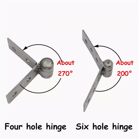 Two Pack Stainless Steel Frameless Folding Window Hinges With Soft Close Dampers, Four and Six Hole Hinges in 270° and 200° angles