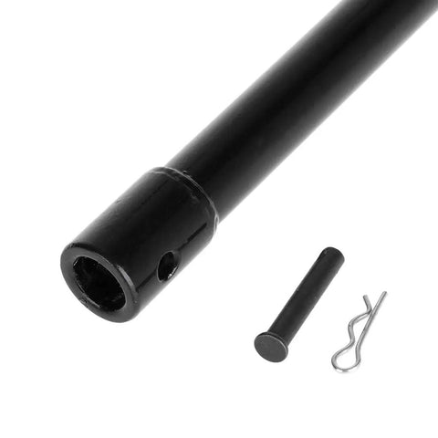 Close-up of Auger Bit Extension Rod Three Quarter Inch Shaft Heavy Duty Earth Drill with pin and clip, black metal