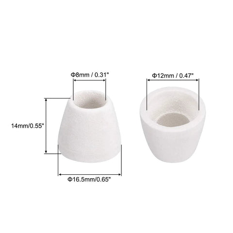 Two white tapered ceramic insulator beads, 8 mm bore, 16.5 mm diameter, 14 mm tall; high-temp use.