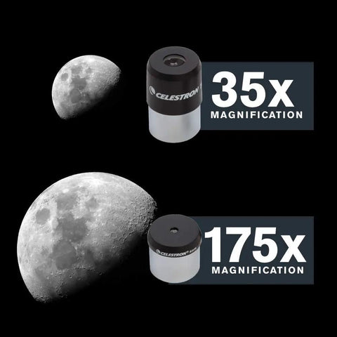 PowerSeeker 60AZ Telescope For Beginners With Manual Alt Azimuth Mount showing 35x and 175x lens magnification on moon view