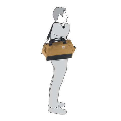Person carrying Trade Series 16 Inch Tool Bag with Zippered Main Compartment, 23 Pockets, Metal Frame, Removable Strap