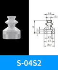 S-04S2 rubber vacuum suction cup, clear material, used for pneumatic applications, dimensions shown in technical drawing.