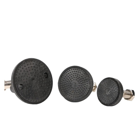 No Sweat Adjustable Furniture Levelers 4 Pack Swivel Articulating Feet in three sizes, featuring rubber pads and steel threads.