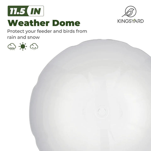 Close-up view of 11.5-inch weatherproof dome for Outdoor Finch Bird Feeder Tube With Rainproof Dome Metal Mesh For Nyjer Thistle Seed No Mess 2.5 Lb Capacity Large Removable Tray Easy Hang Mount Weatherproof Yellow Design.