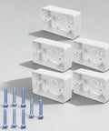 Five Piece Surface Mount Outlet Boxes With No Sweat Setup And Ultra Slim Single Gang Build For Quick Indoor Wall Upgrades In Kitchen Garage Or Cabinet Areas Includes Matching Screws For Rock Solid Plastic Receptacle Mounting, showing five white plastic outlet boxes and matching screws.