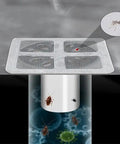 10 Pack 4 Inch Square Disposable Shower Drain Hair Catcher Stickers Solid Mesh Filter For Bathroom Floor And Tub Overflow Totally Legit Game Changer Makes Cleanup Hella Easy Forever with visible insects caught in mesh.