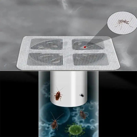 10 Pack 4 Inch Square Disposable Shower Drain Hair Catcher Stickers Solid Mesh Filter For Bathroom Floor And Tub Overflow Totally Legit Game Changer Makes Cleanup Hella Easy Forever with visible insects caught in mesh.