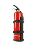 Badass Heavy Duty Fire Extinguisher Mount Wall Bracket With Quick Release Snap and Adjustable Nylon Straps for Home Car RV Truck secured to a red fire extinguisher