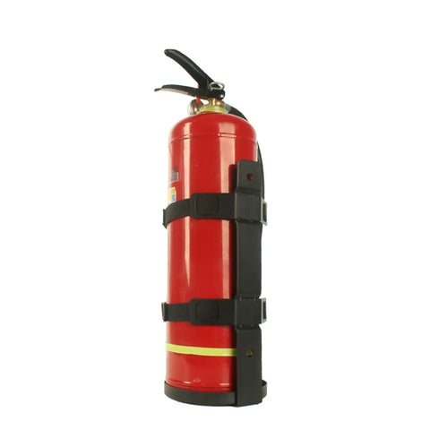 Badass Heavy Duty Fire Extinguisher Mount Wall Bracket With Quick Release Snap and Adjustable Nylon Straps for Home Car RV Truck secured to a red fire extinguisher