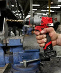 Compact 12V Cordless Drill Driver Kit With Brushless Motor And Heavy Grip Chuck Compatible With Milwaukee M12 Fuel Models drilling metal in vice.