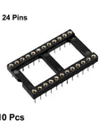 Two Row 24 Pin DIP IC Socket Adapter, 2.54mm Pitch 0.1 Inch, 15.24mm Row Spacing, Soldering Ready, Durable Plastic And Metal Build, Black Silver Tone, 10 Pack For Prototyping DIY Projects And Repairs shown.
