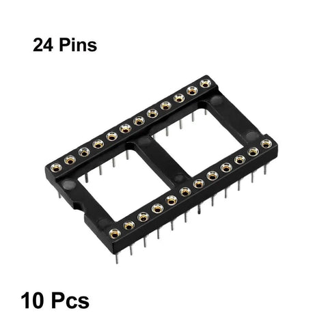 Two Row 24 Pin DIP IC Socket Adapter, 2.54mm Pitch 0.1 Inch, 15.24mm Row Spacing, Soldering Ready, Durable Plastic And Metal Build, Black Silver Tone, 10 Pack For Prototyping DIY Projects And Repairs shown.