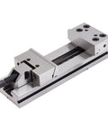 Rock Solid Bench Vise For Workbench Table Clamping With Huge Jaw Opening Heavy Gauge Carbon Steel Build shown from side view.
