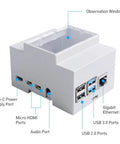 Front view of Raspberry Pi 4 DIN Rail Case With Built In Fan Modular Box For Electrical Panels, showing ports and observation window.
