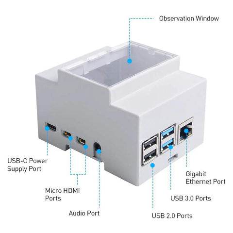 Front view of Raspberry Pi 4 DIN Rail Case With Built In Fan Modular Box For Electrical Panels, showing ports and observation window.