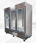 Heavy Duty Commercial Freezer Three Glass Doors Rugged Stainless Steel Exterior Rock Solid Workhorse Featuring Nine Shelves Nsf Certified 65 Cubic Feet Frozen Storage Unit, three glass doors view.