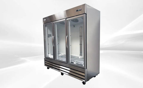 Heavy Duty Commercial Freezer Three Glass Doors Rugged Stainless Steel Exterior Rock Solid Workhorse Featuring Nine Shelves Nsf Certified 65 Cubic Feet Frozen Storage Unit, three glass doors view.