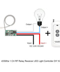 Wireless Relay Switch Kit With 433MHz Remote, 984ft Long Range diagram showing circuit connection to light bulb and remote control