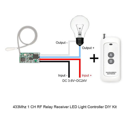 Wireless Relay Switch Kit With 433MHz Remote, 984ft Long Range diagram showing circuit connection to light bulb and remote control
