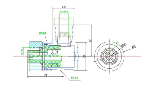Technical drawing of a Field Ready 4 Pin Right Angle Plug And Play M12 Style Circular Sensor Connector Socket with dimensions and screw locking details.