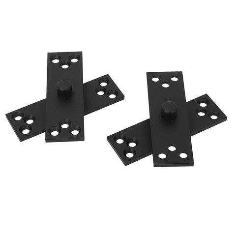 Hidden door hinge set: front view of black-coated stainless steel hinge plates with 4-hole mounts and center pivot pins.