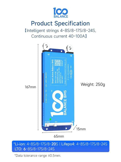 Heavy Duty Premium Smart Battery Management System 24V To 72V Handling 40 Amps With Built In One Amp Active Balancer side view, 250g, 167mm x 65mm x 15mm.