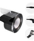 Self Fusing Silicone Tape For Fast Pipe Repair And Electrical Wire Insulation High Temperature Resistant Durable Self Adhesive Leak Fix Tape For Home Plumbing And DIY Projects, black roll with protective film and usage examples.