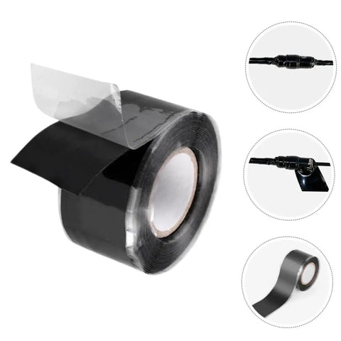 Self Fusing Silicone Tape For Fast Pipe Repair And Electrical Wire Insulation High Temperature Resistant Durable Self Adhesive Leak Fix Tape For Home Plumbing And DIY Projects, black roll with protective film and usage examples.