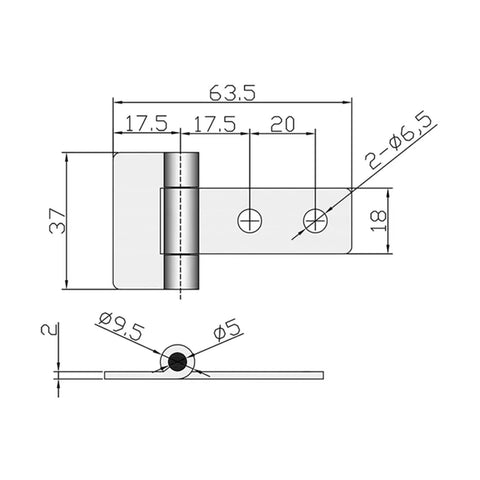 Technical diagram of Flat Folding T Shaped Welded Hinge In Stainless Steel 304 with precise measurements for accurate installation.