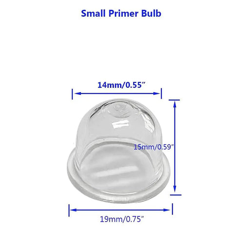 Small primer bulb pump with dimensions for 2-cycle small engine string trimmer weed eater chainsaw leaf blower replacement.