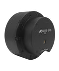 Front view of black MG8016E-i24B servo reduction motor with brake; circular housing with CAN interface port
