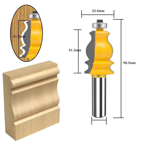 Half Inch Shank Router Bits Set Five Piece Pro Grade For Architectural Picture Frame Molding Cabinet Wood Milling And Miter Work Carbide CNC Cutting Tools For Doors And Tables, showcasing one bit with dimensions