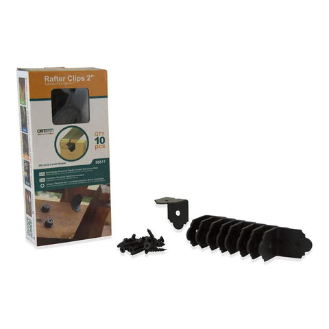 Ten Pack 2 Inch Decorative Angle Rafter Clips With Sunset Powder Coated Finish For Pergola Deck And Fence Top Shelf Builder Hardware, including screws and packaging.