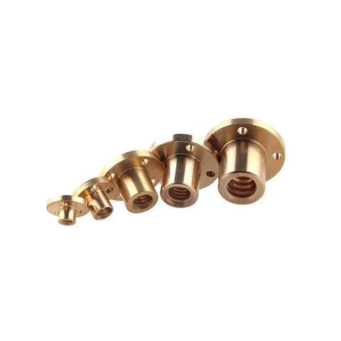 Heavy Duty Brass Type T Lead Screw Nut Trapezoidal Backlash Adjustment T5 T8 T10 T12 T20 in various sizes.