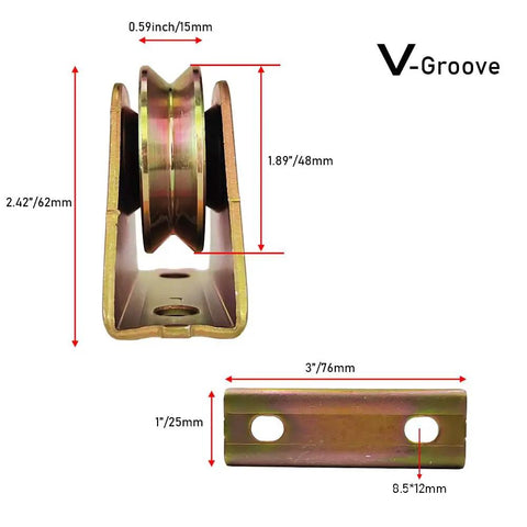 Tough As Nails 2 Inch V Groove Caster Set For Smooth Sliding Gate Tracks Heavy Duty Carbon Steel Ball Bearing Rollers Zinc Coated Rolling Hardware That Runs Real Smooth 4 Pack showing dimensions and V-groove design.
