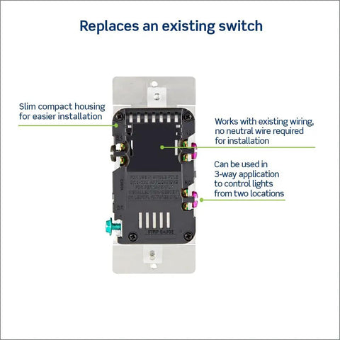 Back view of Decora Slide Dimmer Switch For Dimmable LED Halogen And Incandescent Bulbs DSL06-1LZ in slim profile housing