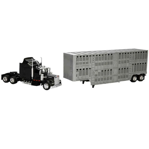 Kenworth W900 1 43 Diecast Pot Belly Livestock Trailer Long Hauler Rig With Chrome Detailing model truck and trailer by New Ray Toys