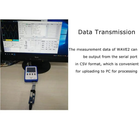 Dual Channel Handheld Digital Oscilloscope Kit With Two Point Four Inch Touch Screen Portable On The Go Battery Powered Built In Signal Generator USB Data Upload PC Serial Control And Waveform Storage shown connected to a PC for data transmission.