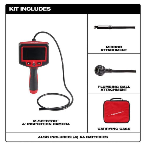 MSpector 4 Foot Inspection Camera Borescope with kit attachments including mirror, plumbing ball, and carrying case