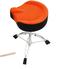 Rock Solid Height Adjustable Drum Throne With Dope Plush Suede Seat, sharp orange round top, chrome frame, rubber feet for stability.