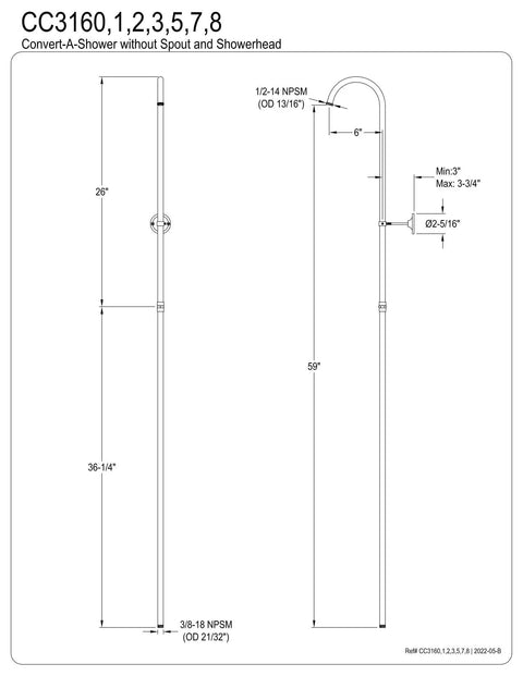 Technical drawing of Tub To Shower Conversion Kit In Brushed Nickel 62 Inch Shower Riser 3/8 IPS Inlet Wall Bracket And Hardware Included Epic Upgrade For Your Bathtub To A Fresh Full Shower
