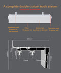 Dual Rail Sliding Barn Door Hardware Kit, Wall Mounted Quiet Track, showing complete double curtain track system with dimensions.