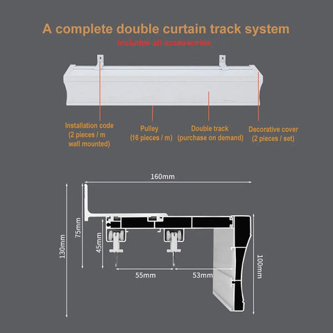Dual Rail Sliding Barn Door Hardware Kit, Wall Mounted Quiet Track, showing complete double curtain track system with dimensions.