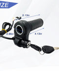 Top Shelf Rubber Twist Throttle Grip With Two Keys Waterproof Ebike Accelerator Handle And Speed Controller Universal Replacement Parts For Ebikes Motorcycle Killer Performance, showing dimensions and key.