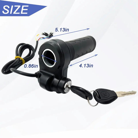 Top Shelf Rubber Twist Throttle Grip With Two Keys Waterproof Ebike Accelerator Handle And Speed Controller Universal Replacement Parts For Ebikes Motorcycle Killer Performance, showing dimensions and key.