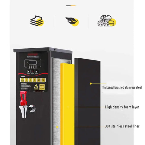 Heavy Duty 3000W Commercial Step By Step Electric Water Dispenser With Led Panel 304 Stainless Steel Inner Tank, control panel and construction details.