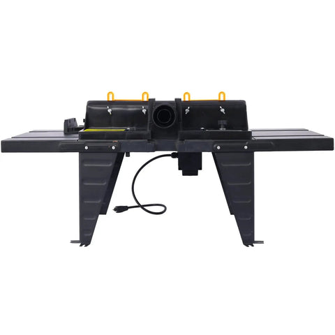 Heavy Duty Benchtop Router Table Packs A Rock Solid Cast Iron Top And Tight Adjustable Fence For Precision Woodworking, front view with dual extension wings.