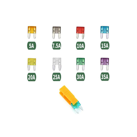 KOLACEN Automotive Mini Blade Fuse Assorted Kit Pack 81 Pieces With Fuse Puller For Car Truck 5Amp To 35Amp showing assorted fuses from 5A to 35A.
