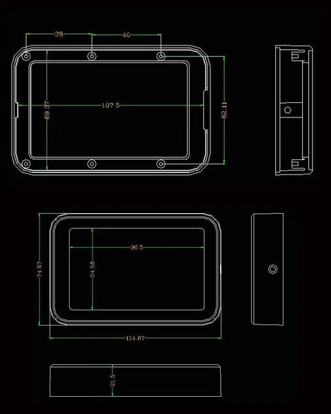 Technical drawing of the Rugged RFID Enclosure for DIY Access Control Projects, IP54 ABS Plastic Junction Box 115 X 75 X 21.5mm